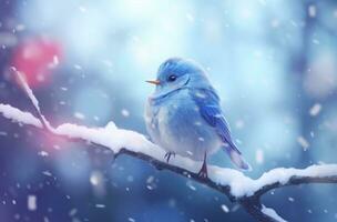 ai généré petit bleu oiseau séance dans le neige avec certains neige, photo