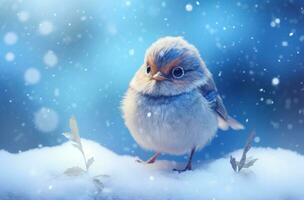 ai généré petit bleu oiseau séance dans le neige avec certains neige, photo