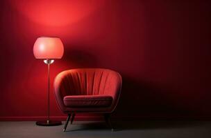 ai généré une chaise est assis suivant à une rouge mur et une rouge lampe photo