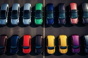ai généré une groupe de coloré voitures garé dans Lignes photo