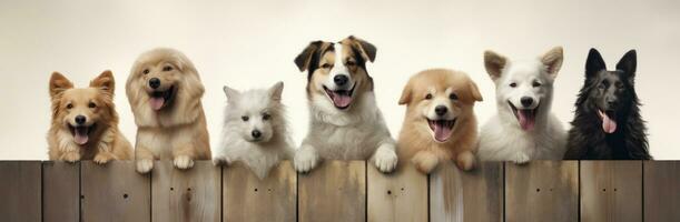 ai généré une groupe de chiens sont sur une en bois clôture photo