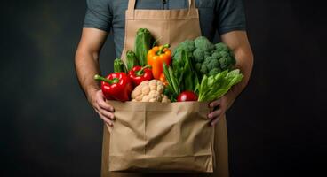 ai généré une homme dans un tablier est permanent en portant une papier sac cette a une sac de des légumes photo