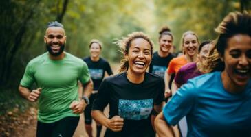 ai généré une groupe de en riant gens courir ensemble dans équipe photo