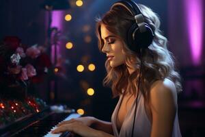 ai généré une femelle enregistrement tandis que dans casque de musique photo