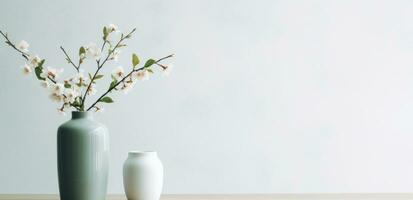 ai généré une blanc vase séance sur une table contre une blanc mur photo