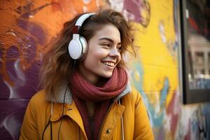 ai généré souriant Jeune femme avec écouteurs penché contre mur avec graffiti photo