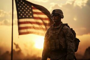 ai généré une soldat est en portant un américain drapeau tandis que à la recherche à le coucher du soleil photo