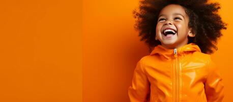 ai généré une peu enfant souriant dans de face de un Orange toile de fond photo