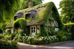 ai généré maison dans le milieu de le jardin avec fleurs et verdure, une charmant Anglais chalet avec couvert de lierre des murs et une chaume toit, ai généré photo