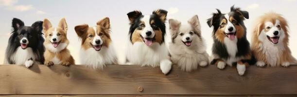 ai généré une groupe de chiens sont sur une en bois clôture photo