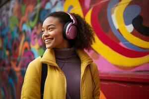 ai généré une Jeune femme portant écouteurs penché contre une mur photo