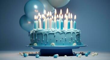 ai généré bleu anniversaire gâteau avec allumé bougies photo