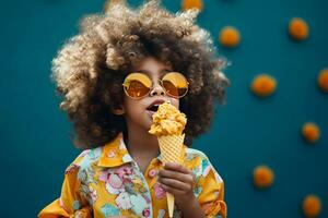 ai généré enfant en portant un la glace crème cône et portant des lunettes de soleil la glace crème photo