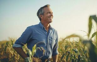 ai généré mature homme dans Les agriculteurs champ souriant dans bleu chemise photo