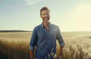 ai généré mature homme dans Les agriculteurs champ souriant dans bleu chemise photo