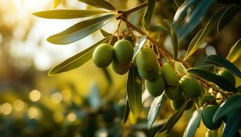 ai généré Olives sont croissance sur une arbre et sont vu dans une ensoleillé Contexte photo