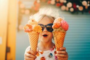 ai généré enfant en portant un la glace crème cône et portant des lunettes de soleil la glace crème photo