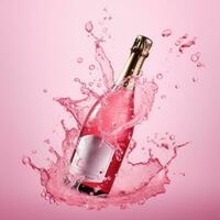 ai généré rose du vin bouteille dans une rose l'eau éclaboussure avec bulles dans le mousse photo