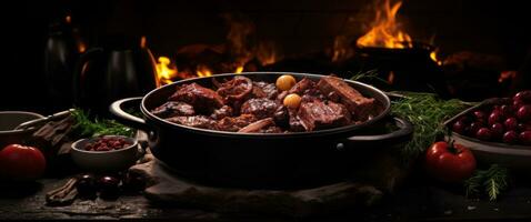 ai généré le Ragoût de Viande est sur une noir table photo