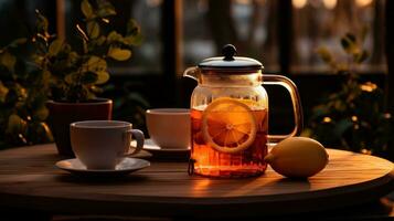 ai généré thé et café pot sur une en bois table près verdure photo