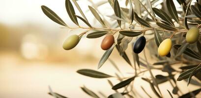 ai généré olive feuilles croissance sur une arbre à lever du soleil photo