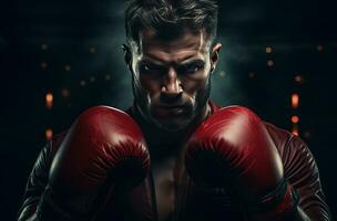 ai généré homme boxe dans une foncé chambre, photo