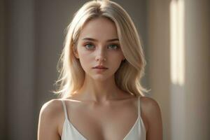 ai généré une magnifique blond femme dans une blanc robe photo