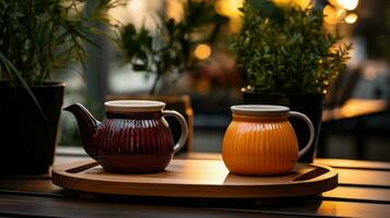 ai généré thé et café pot sur une en bois table près verdure photo