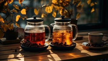 ai généré thé et café pot sur une en bois table près verdure photo