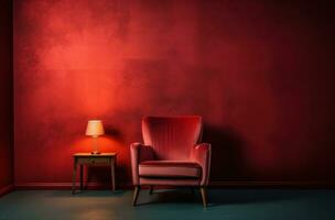 ai généré rouge velours chaise ensemble avec côté lampe dans un vieux rouge pièce photo