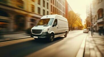 ai généré transit van blanc conduite dans le ville photo