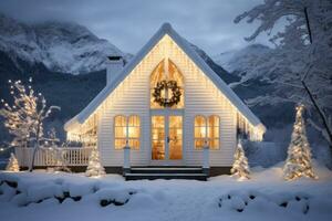 ai généré blanc chalet avec Nativité scène avec allumé Noël lumières photo