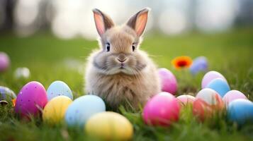 ai généré mignonne lapin avec une rose arc séance dans une herbeux champ avec coloré Pâques des œufs dans le Contexte photo