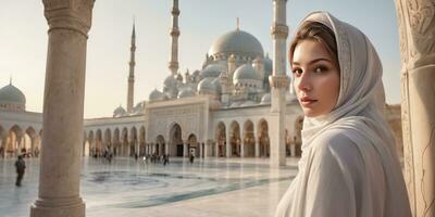 ai généré une magnifique femme portant une foulard dans de face de une mosquée photo
