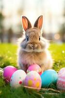 ai généré mignonne lapin avec une rose arc séance dans une herbeux champ avec coloré Pâques des œufs dans le Contexte photo