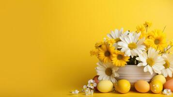 ai généré une vibrant Pâques Oeuf et fleur arrangement photo