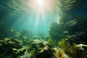 ai généré une rocheux sous-marin environnement avec le Soleil radieux vers le bas sur végétaux, photo
