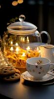 ai généré une petit pot allumé en haut et biscuits et chaud cacao dans une verre théière, photo