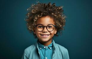 ai généré souriant garçon dans bleu chemise, photo