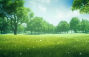 ai généré très vert herbe champ avec des arbres et paysage, photo