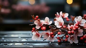 ai généré une réaliste photo - vide foncé en bois table et hiver fleurs sur il, abstrait hiver flou Contexte