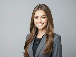 ai généré magnifique Jeune affaires femme portrait, femme visage souriant mignonne fille avec longue cheveux studio tir, isolé sur gris Contexte photo