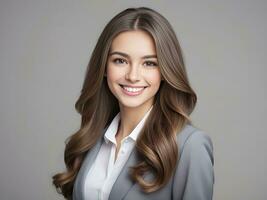 ai généré magnifique Jeune affaires femme portrait, femme visage souriant mignonne fille avec longue cheveux studio tir, isolé sur gris Contexte photo