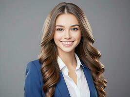 ai généré magnifique Jeune affaires femme portrait, femme visage souriant mignonne fille avec longue cheveux studio tir, isolé sur gris Contexte photo