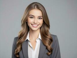 ai généré magnifique Jeune affaires femme portrait, femme visage souriant mignonne fille avec longue cheveux studio tir, isolé sur gris Contexte photo