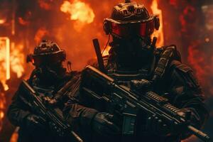 ai généré futuriste armée dans explosif action une photo réaliste image de spécial les forces dans combat ai généré