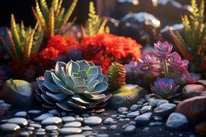 ai généré une coloré arrière-cour avec rochers et succulent fleurs photo