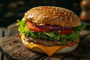 ai généré Hamburger sur noir assiette avec tomates, fromage, salade et certains la glace crème photo