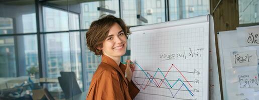 portrait de Jeune femme d'affaires, numérique nomade permanent avec marqueur près planche dans bureau, dessin une diagramme, donnant présentation dans de face de équipe, souriant à caméra photo