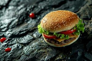 ai généré Hamburger sur noir assiette avec tomates, fromage, salade et certains la glace crème photo